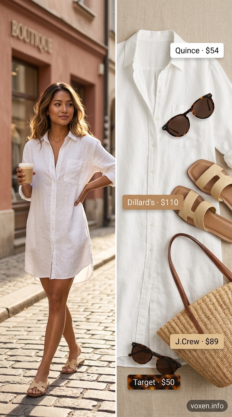 Oversized summer outfit for women 2026: White linen shirt dress, straw tote, and flat sandals for a casual getaway.