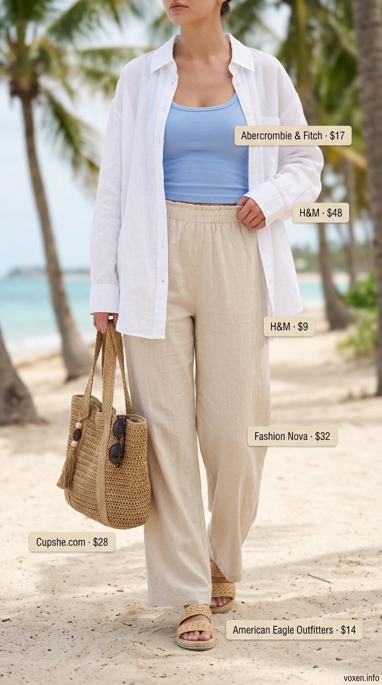 Oversized summer outfit for women 2026: White linen shirt, blue tank, linen shorts, and raffia sandals for the beach.