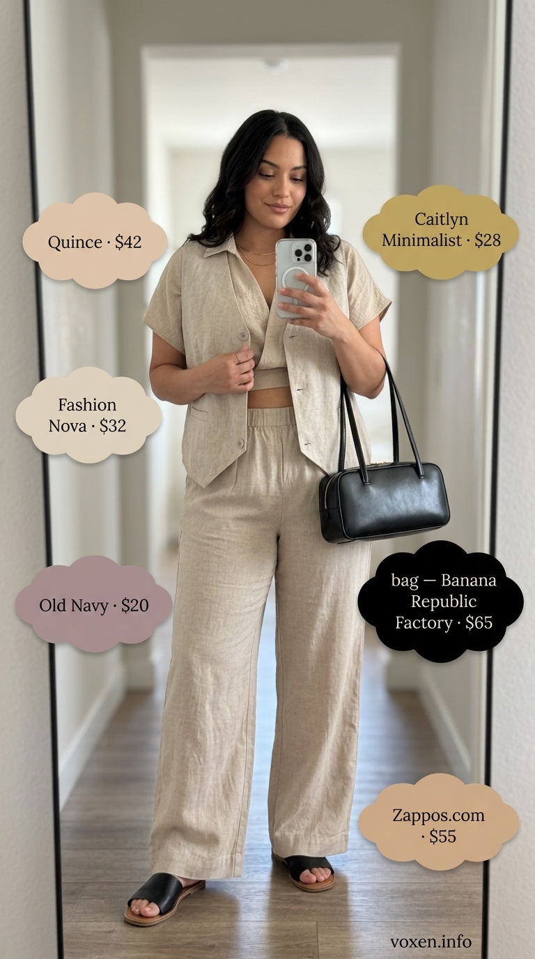 Oversized summer outfit for women 2026: Beige linen vest worn as a top with wide-leg trousers for work.