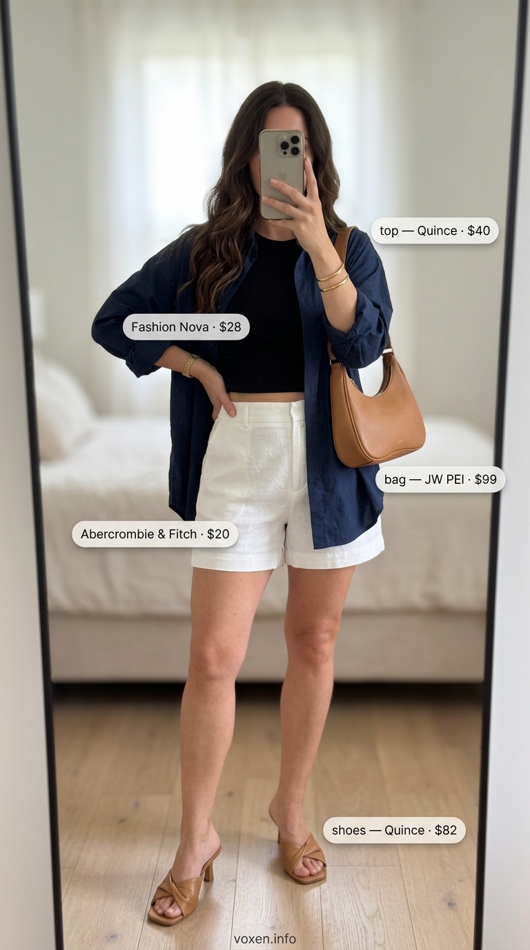 Oversized summer outfit for women 2026: Navy button-down shirt, white tailored shorts, and mules for brunch.