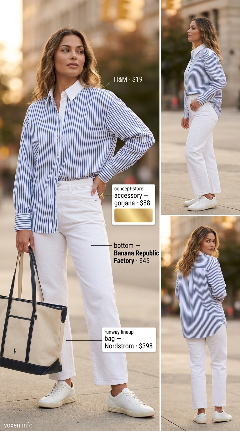 Sky blue oversized pinstripe shirt with white jeans, white sneakers, and a navy canvas tote. Preppy oversized summer outfit for women 2026.