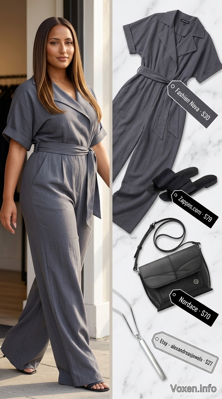 Charcoal grey oversized wide-leg jumpsuit with black slides and a small crossbody bag. Minimalist oversized summer outfit for women 2026.