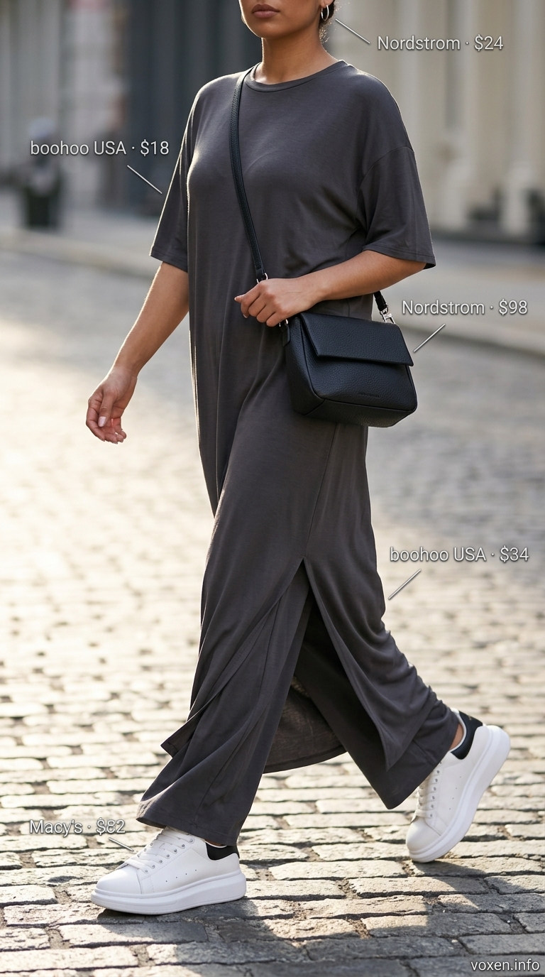 Oversized charcoal gray t-shirt dress with chunky white sneakers and a black crossbody bag. Perfect oversized summer outfit for women 2026.