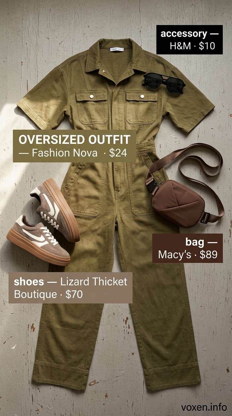 Khaki green oversized utility jumpsuit with a dark brown belt bag and chunky sneakers. An edgy oversized summer outfit for women 2026.