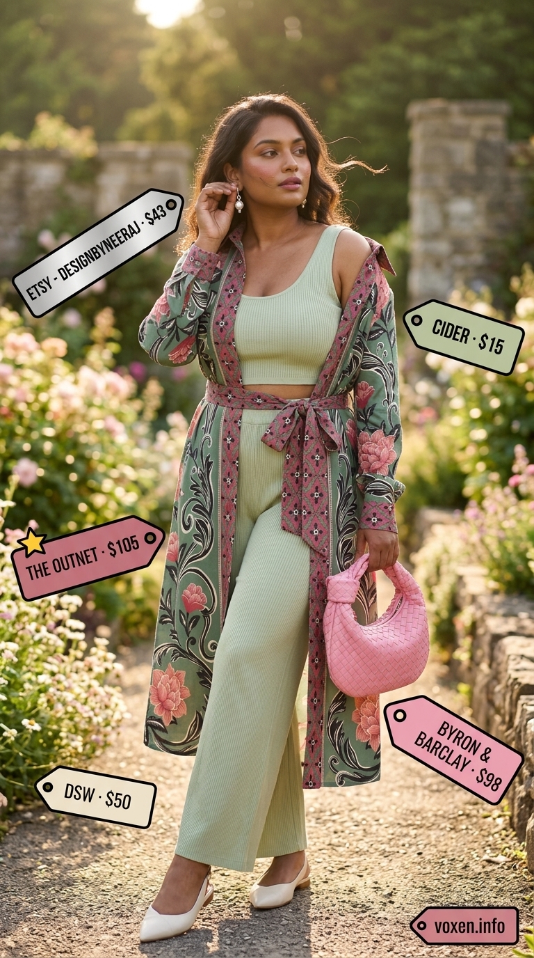 Oversized summer outfit for women 2026: Pale green floral shirtdress for garden party.