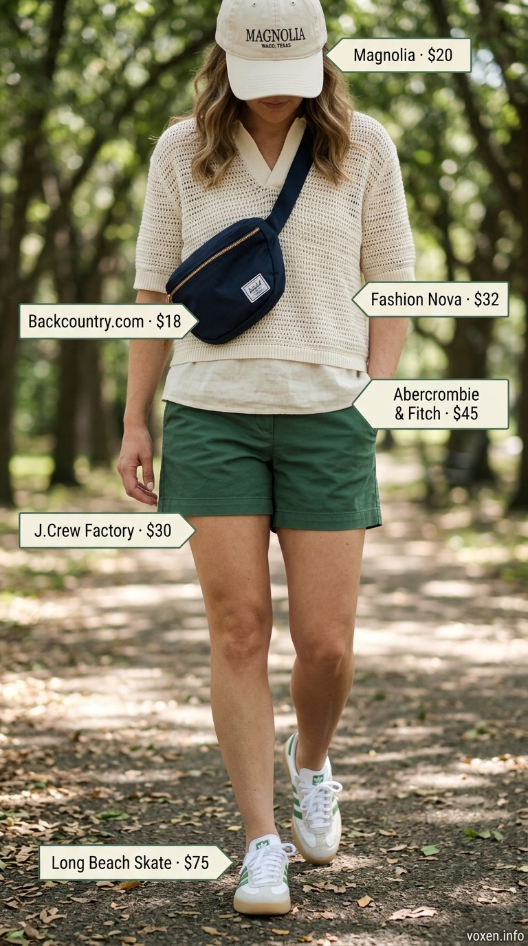 Oversized summer outfit for women 2026: Cream knit polo, green shorts for preppy sporty style.