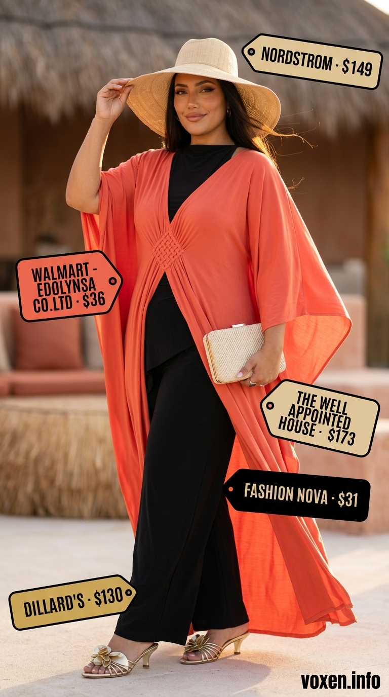 Oversized summer outfit for women 2026: Coral caftan dress for resort vacation glamour.