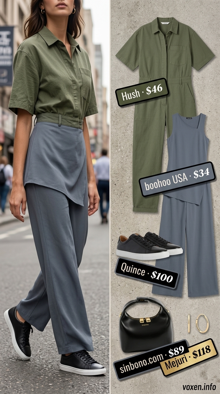 Oversized summer outfit for women 2026: Khaki utility jumpsuit for urban exploration.