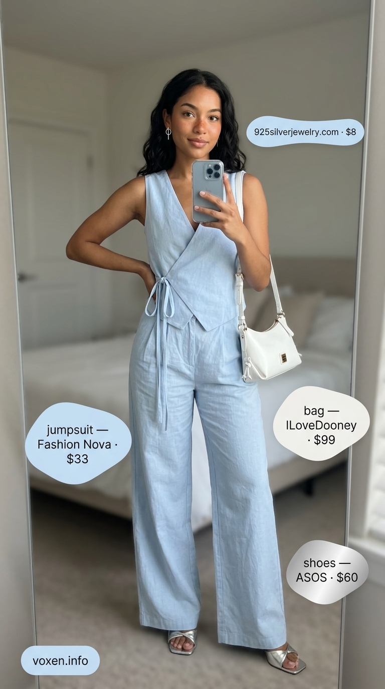 Pastel summer outfits for women 2026: Baby blue wide-leg jumpsuit, silver heels, crossbody bag.