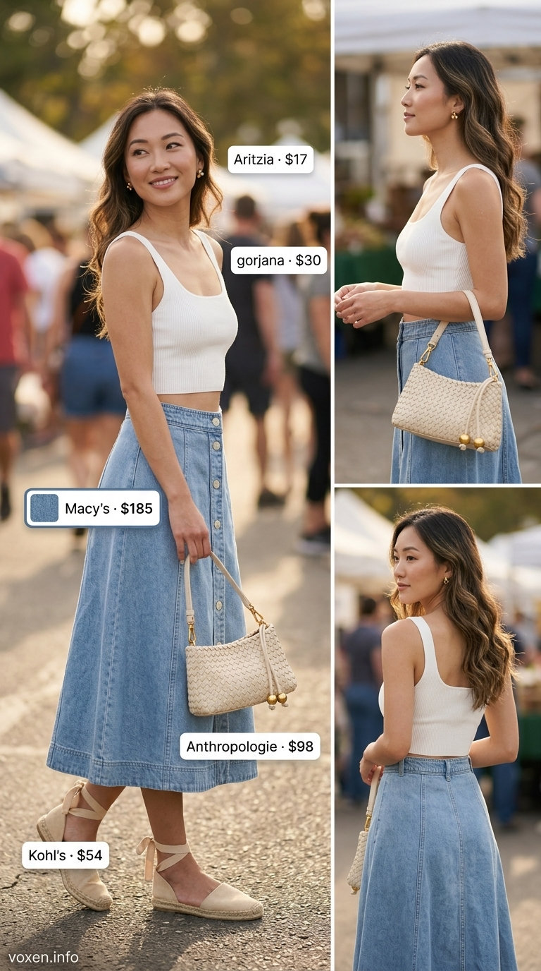 Powder blue denim skirt outfit for women 2026: crop top, espadrilles, straw bag for casual day.
