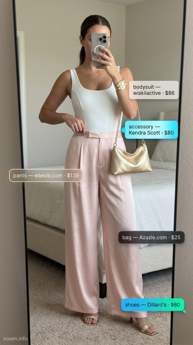 Blush pink wide-leg trousers outfit for women 2026: silk blend, bodysuit, gold sandals for dinner date.