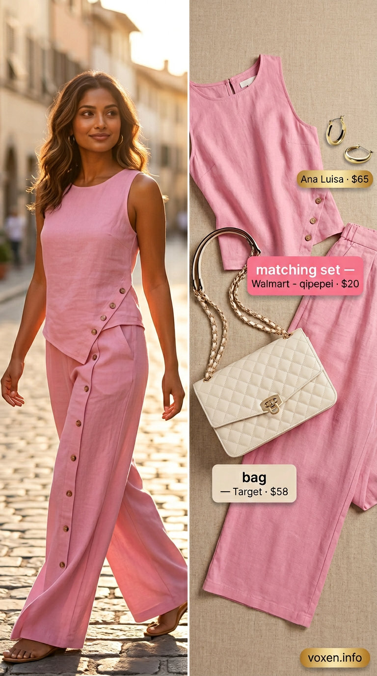 Blush pink linen matching set outfit for women 2026: cropped shirt, wide pants, sneakers for brunch.