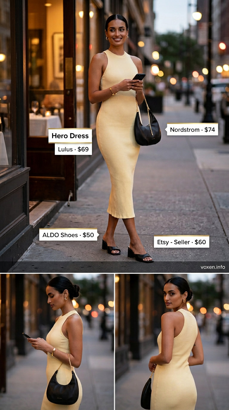 Butter yellow knit midi dress outfit for women 2026: black bag, block heels, gold cuff for date night.