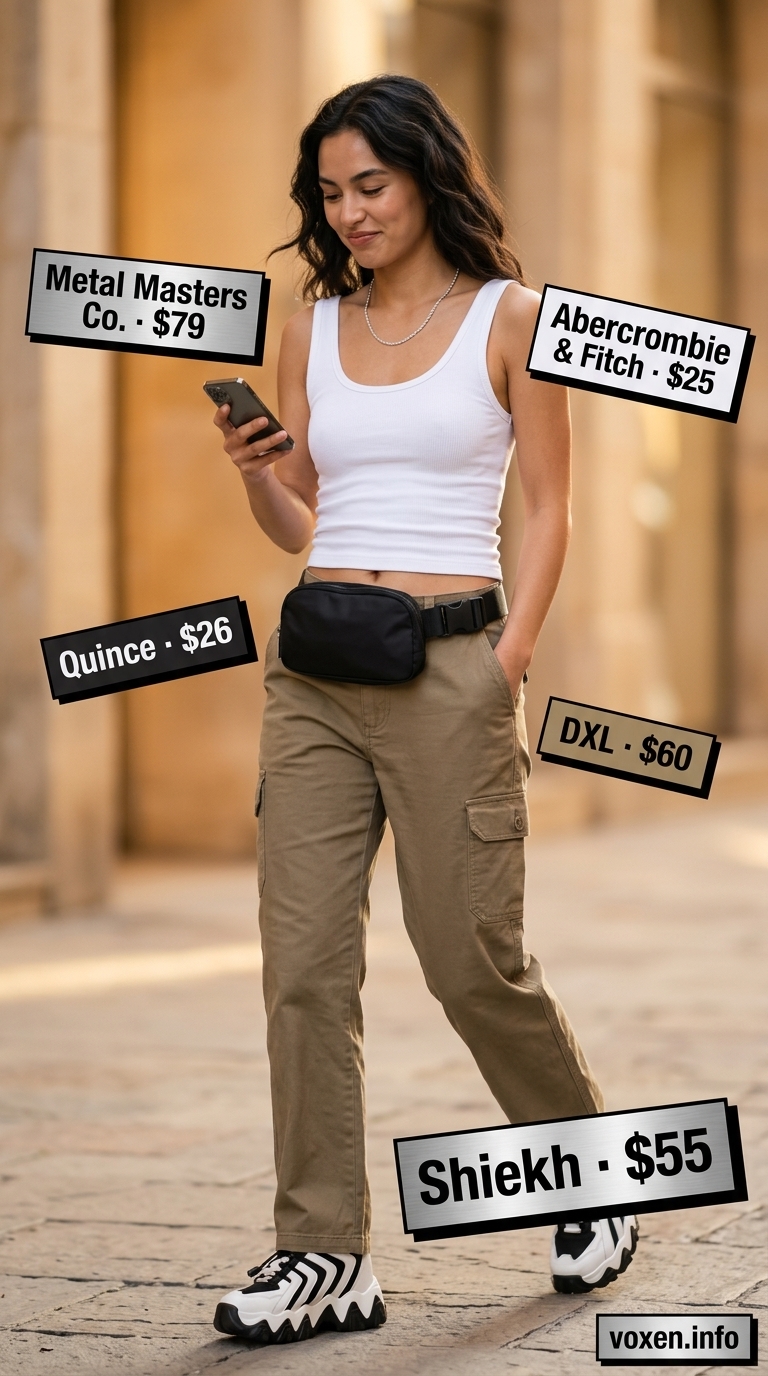 Khaki cargo pants outfit for women 2026: white tank, chunky sneakers, belt bag for casual errands.