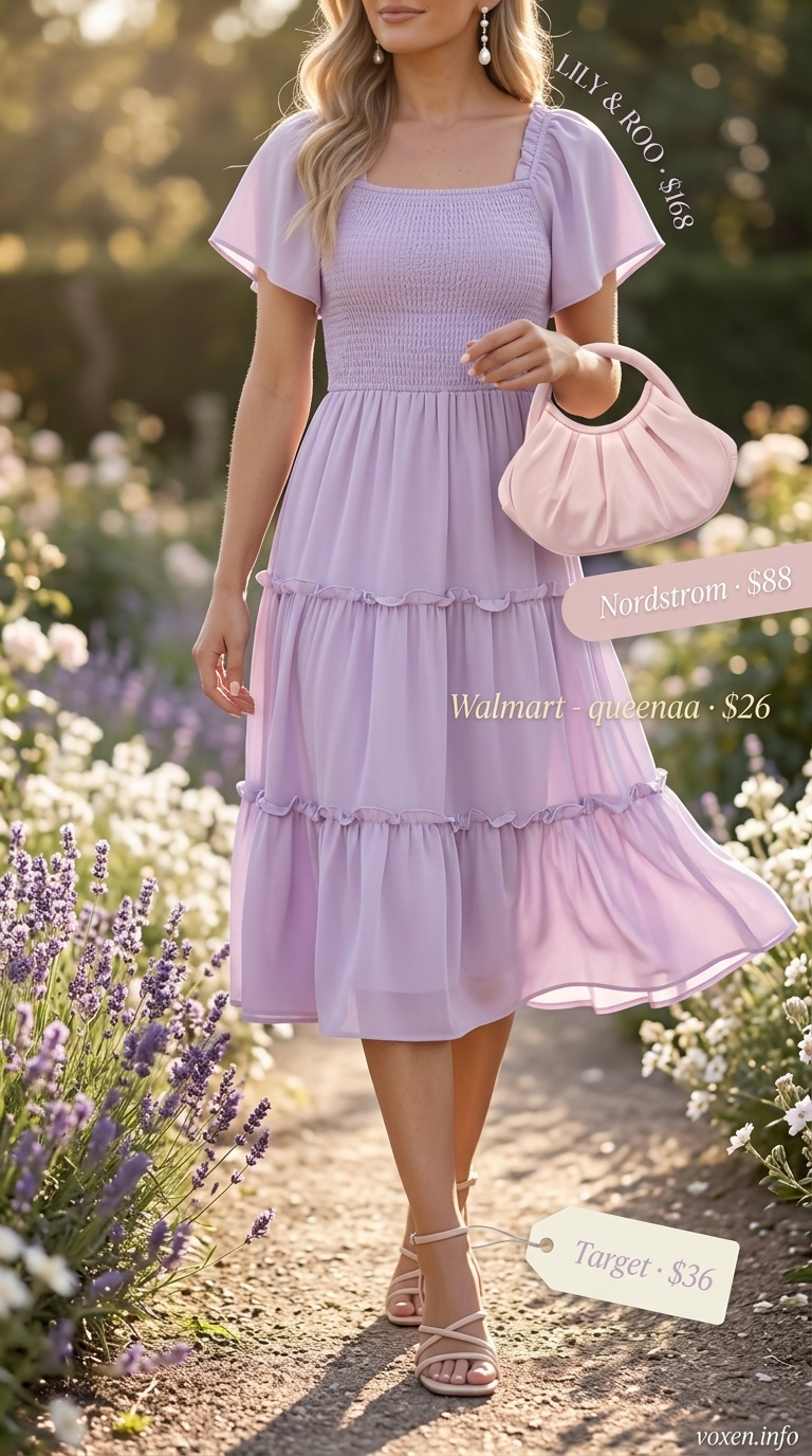 Pastel summer outfits for women 2026: Lavender chiffon midi dress, cream block heels, pink bag.