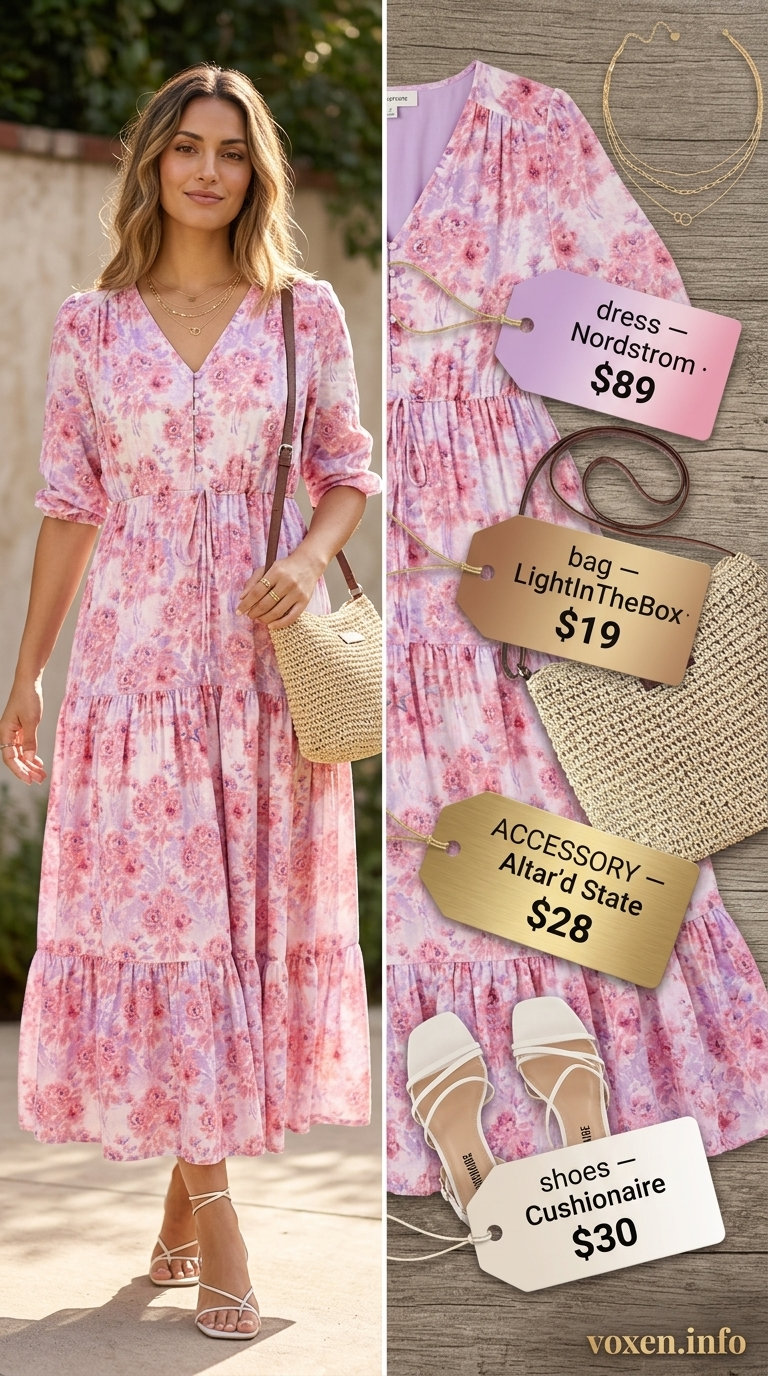 Pastel summer outfits for women 2026: Lavender floral midi dress, straw bag, delicate necklaces.
