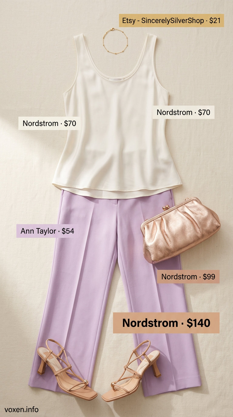 Lilac wide-leg pants outfit for women 2026: silk top, gold clutch, strappy sandals for summer evening.