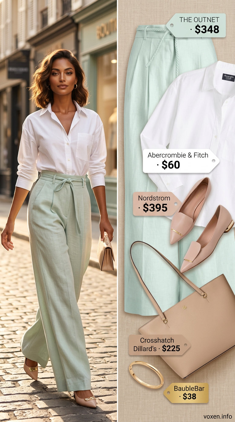 Mint green linen trousers outfit for women 2026: oversized shirt, loafers, tote bag for summer office.