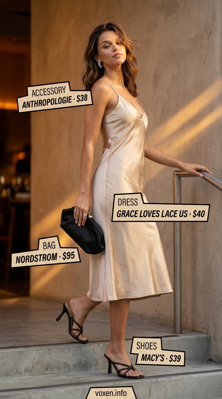 Pastel summer outfits for women 2026: Pale gold slip dress, black heels, silver earrings.