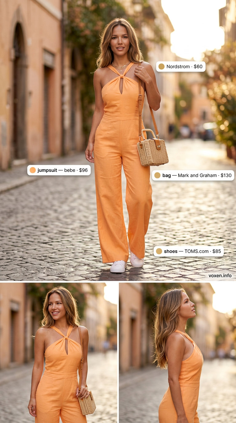 Peach linen jumpsuit outfit for women 2026: white sneakers, crossbody bag, gold necklaces for travel.