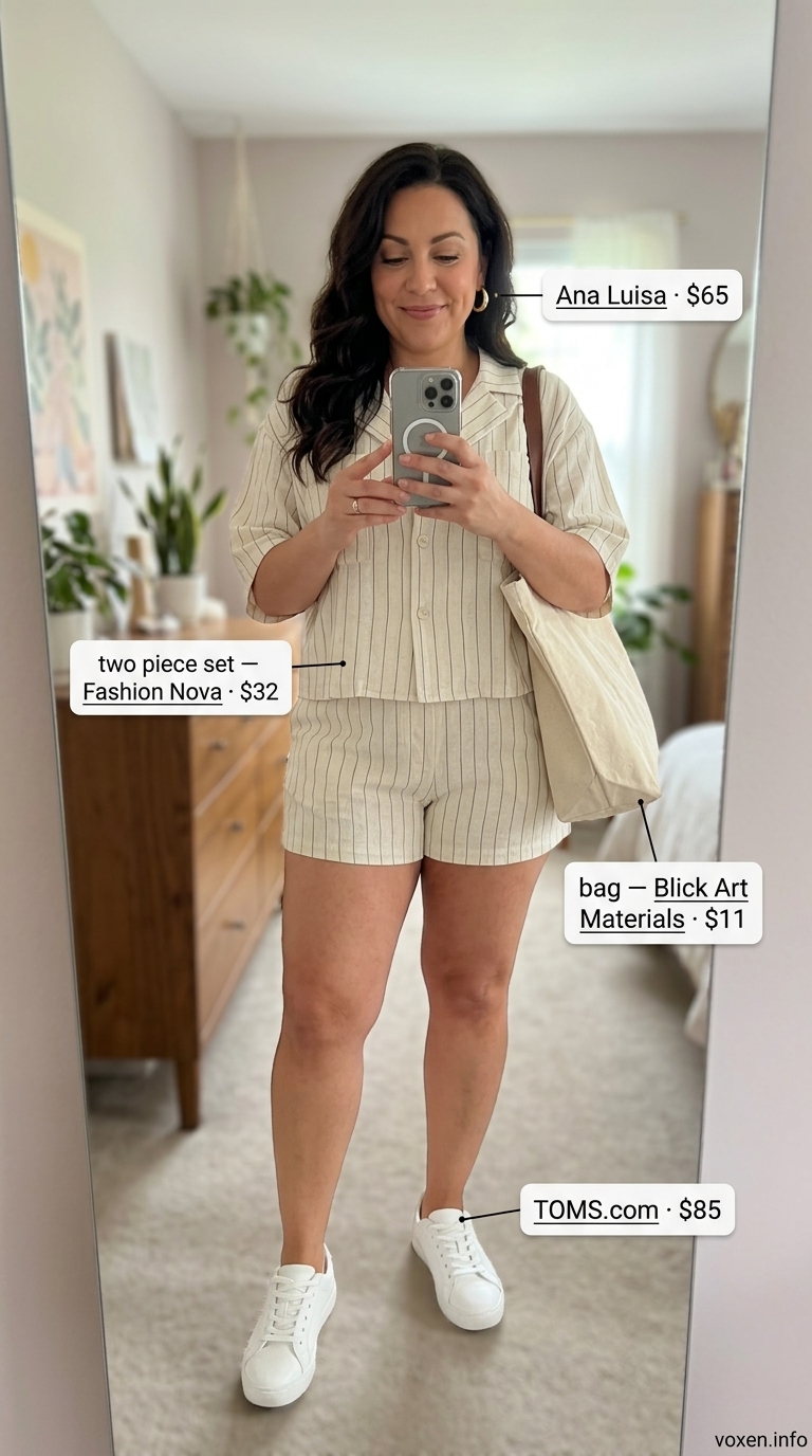 Pastel summer outfits for women 2026: Peach linen shorts set, white sneakers, gold hoops.