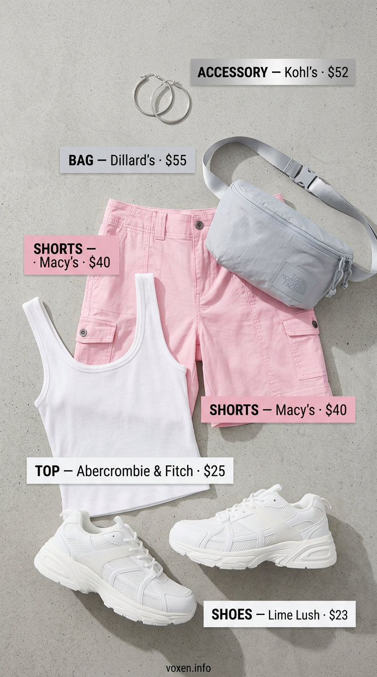 Pastel pink cargo shorts outfit for women 2026: ribbed tank, chunky sneakers, belt bag for casual day out.