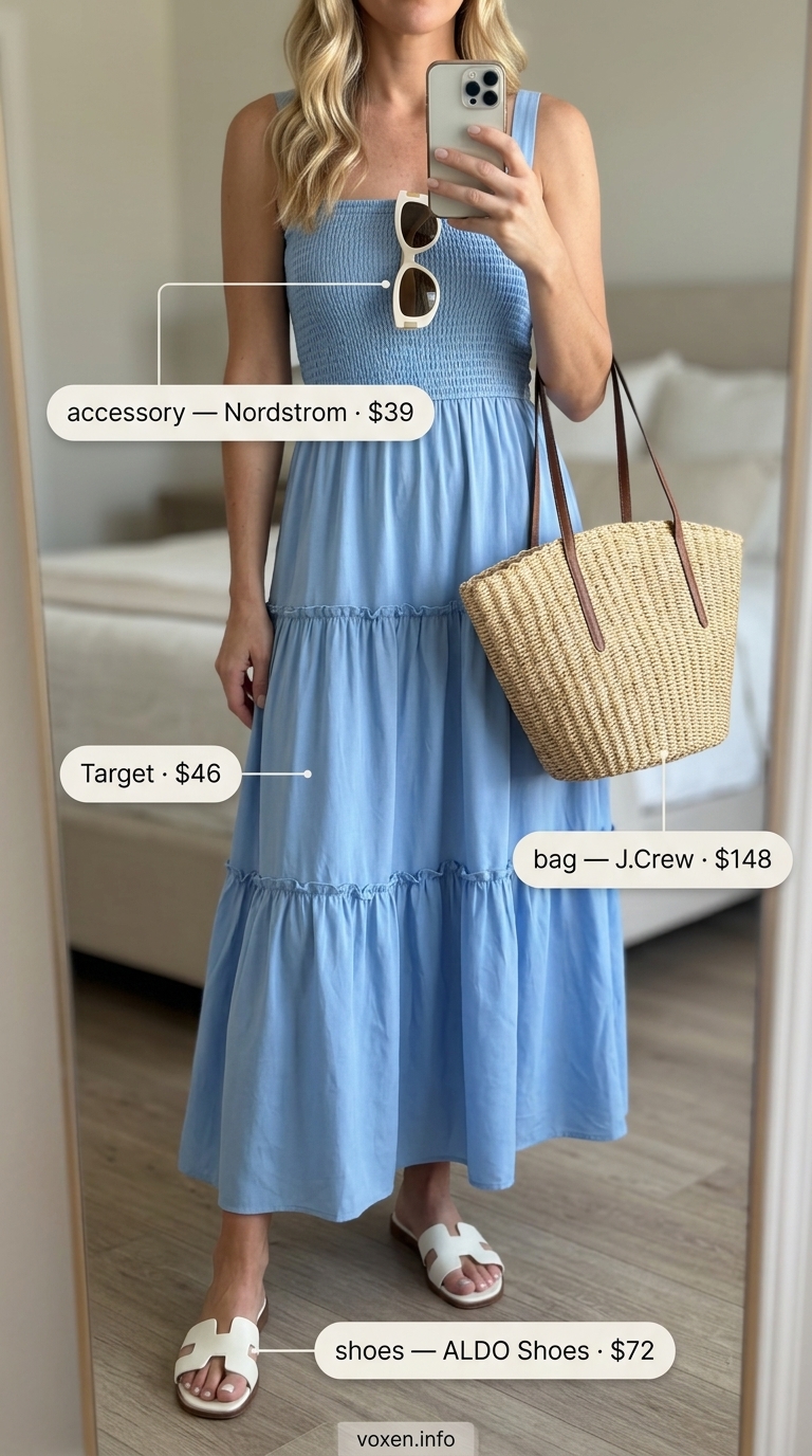 Pastel summer outfits for women 2026: Powder blue maxi dress, straw tote, white slides.