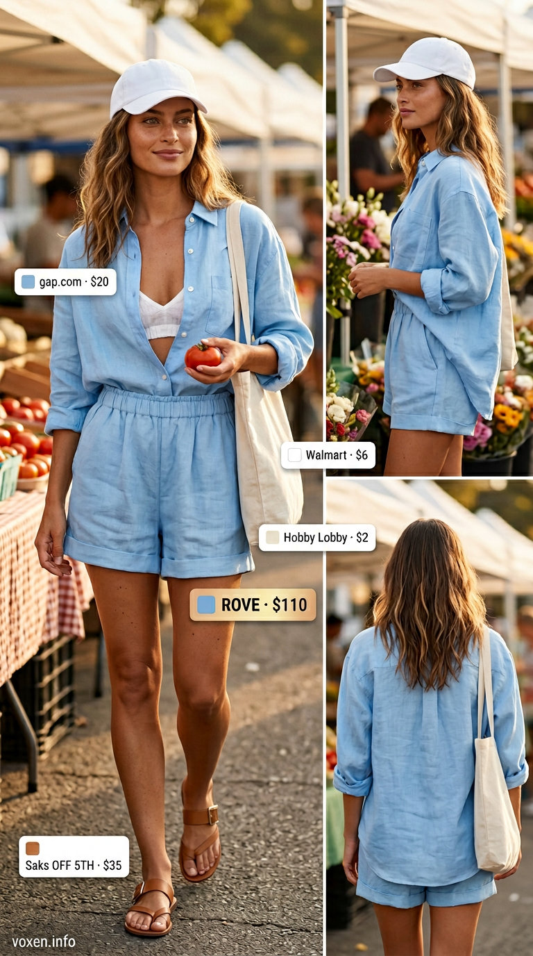 Sky blue linen shorts set outfit for women 2026: oversized shirt, baseball cap, slide sandals for beach town.