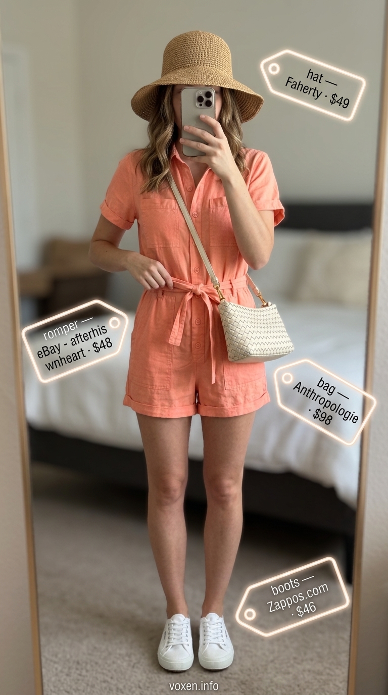 Pastel summer outfits for women 2026: Coral utility romper, white sneakers, and straw hat for a casual day out.