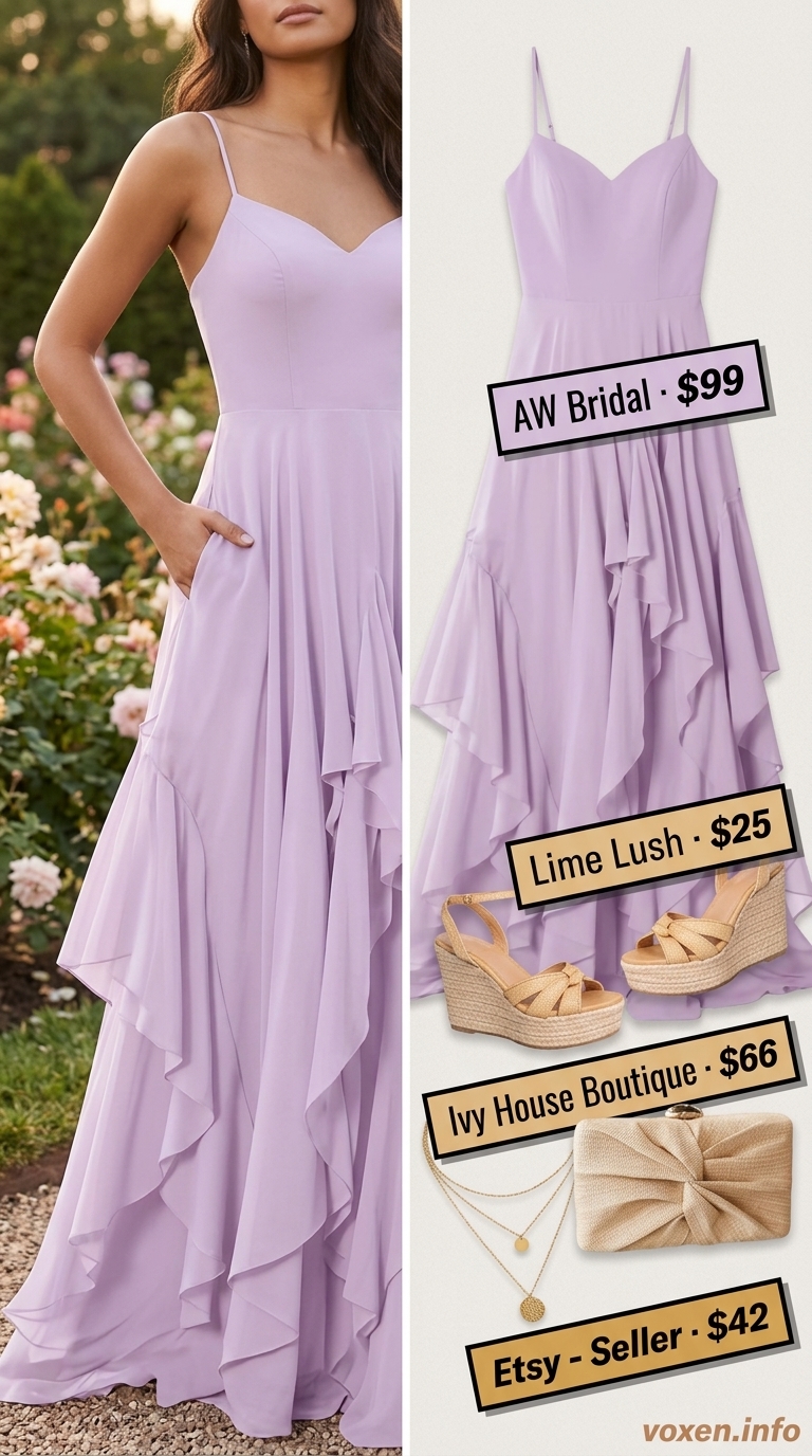 Pastel summer outfits for women 2026: Lavender maxi dress, espadrilles, and straw clutch for a garden party.