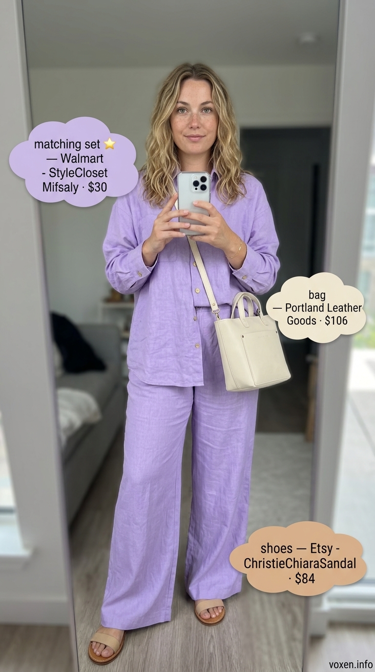 Pastel summer outfits for women 2026: Lilac linen co-ord set with white slides and tan crossbody bag for travel.