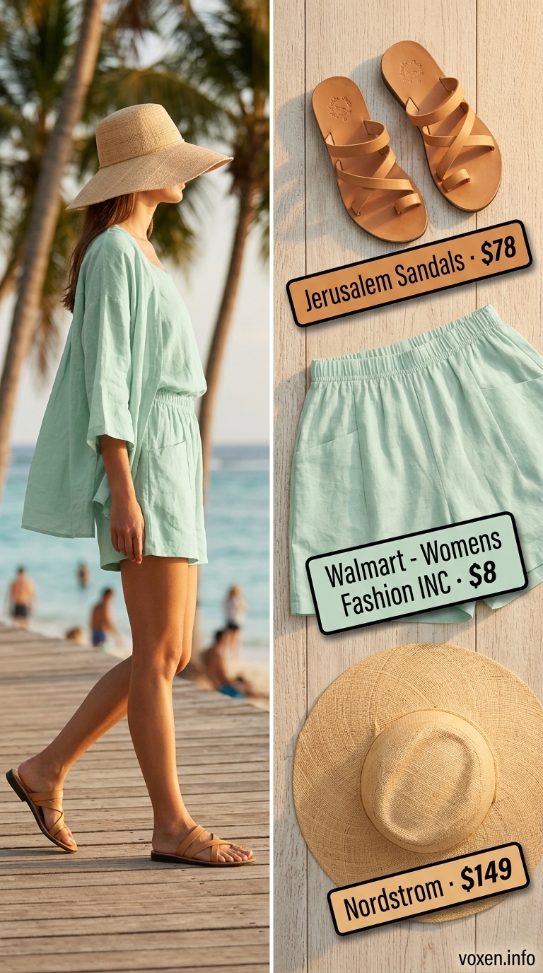 Pastel summer outfits for women 2026: Mint green linen shorts set, flat slides, and straw hat for a beach day.