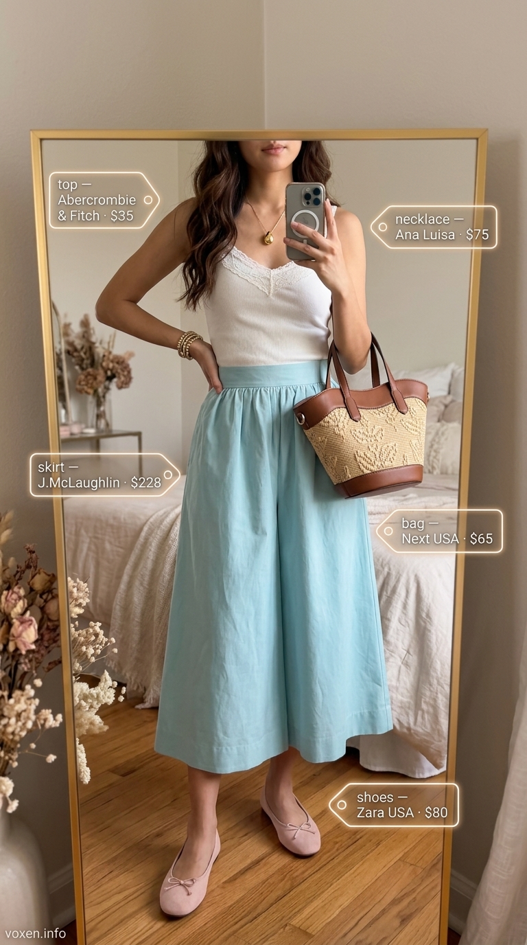 Pastel summer outfits for women 2026: Mint green A-line skirt, cream lace top, and raffia bag for a daytime event.