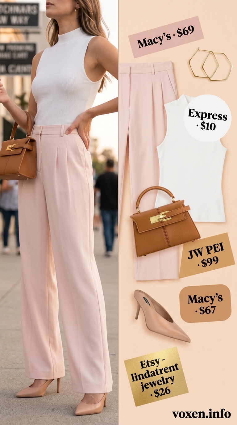 Pastel summer outfits for women 2026: Peach wide-leg trousers, white sleeveless top, and tan heels for a modern look.