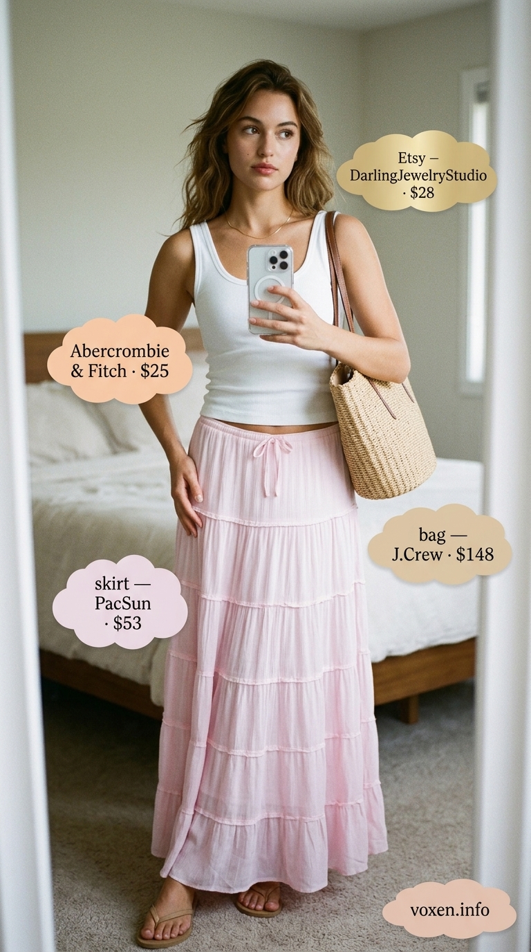 Pastel summer outfits for women 2026: Pink tiered maxi skirt, white tank top, and straw tote for a relaxed look.