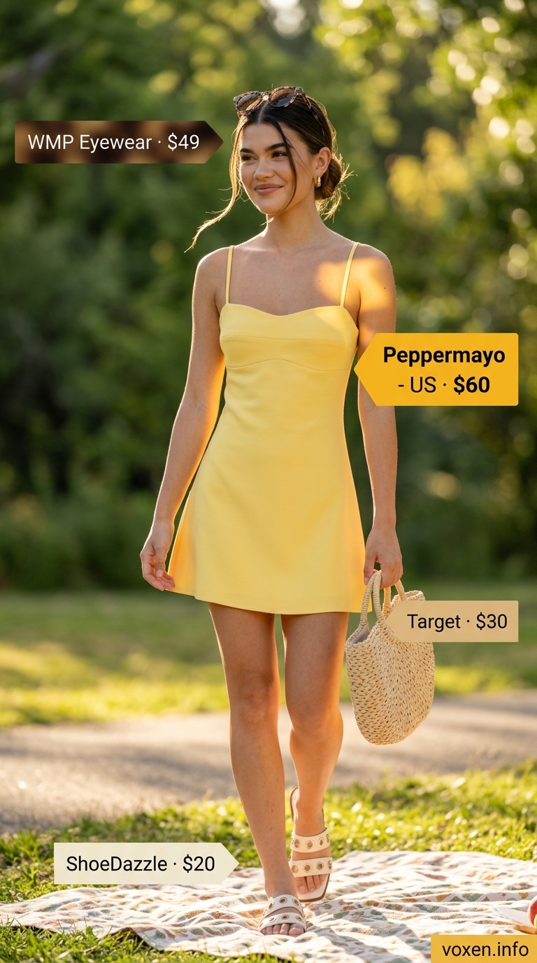 Pastel summer outfits for women 2026: Yellow sundress, white slides, and straw bag for a casual beach day.