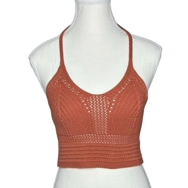 top Aerie Terracotta Orange Knit Halter Crop Top Pointelle Ribbed Womens eBay - liven.store $20