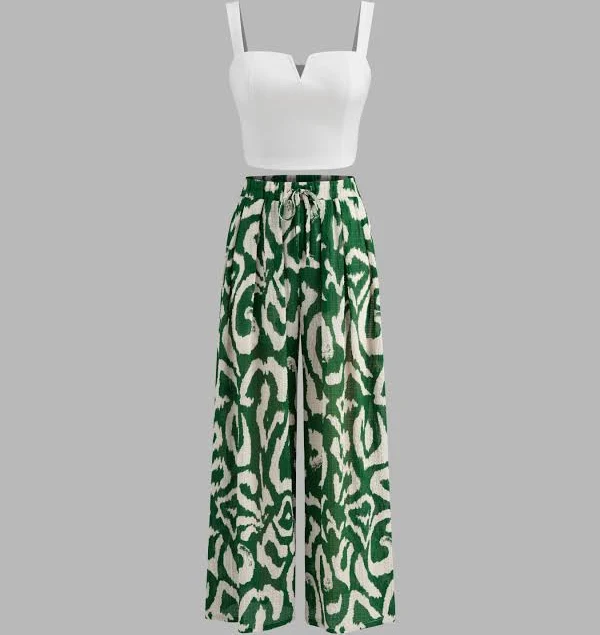 outfits Airy Elegance Woven Square Neck Tank Top and High Rise Wide Leg Trousers Set Cider $39.9