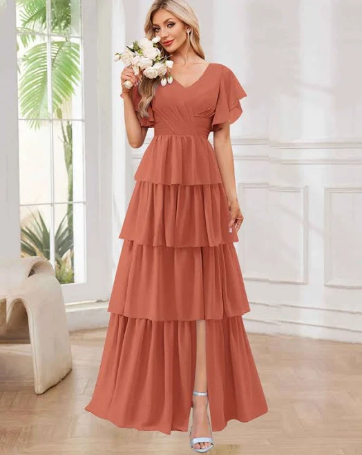 dress Alena Modest A-Line Tiered Ruffle Chiffon Bridesmaid Dress with Sleeves Pomuyoo $89