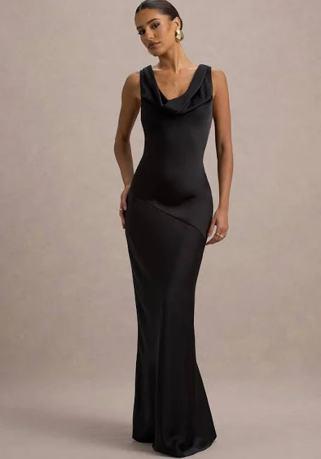 dress Alesso | Black Satin Cowl-Neck Slip-Maxi Dress US 4 / BLACK Club L London USA $200