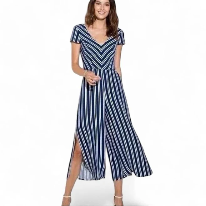 jumpsuit Amanda Uprichard Jumpsuit Striped Navy/white V Neck Cap Sleeve Slit eBay $60