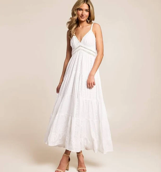dress Angie Women's Cotton Eyelet Tiered Maxi Dress with Buckle Buckle $59.99