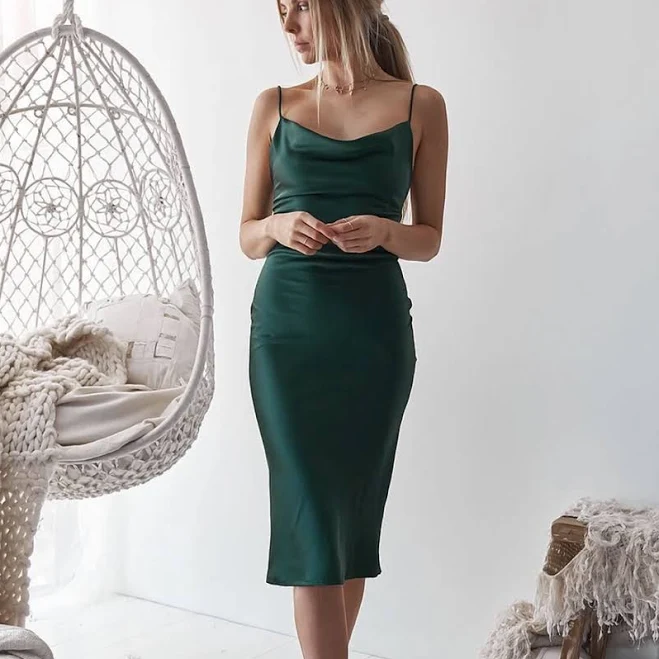 dress Aspen Sleek Midi-Length Slip Party Dress Lady Black Tie $68