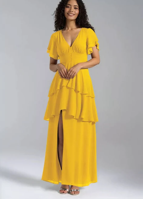 dress AW.Bridal A-line V-Neck Floor Length Short Sleeves Ruffles Tiered Split Long Bridesmaid Dresses Dress AW Bridal $89.99