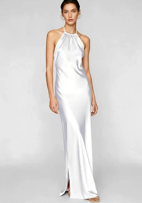 dress AW.Bridal Column Halter Neckline Floor Length Sleeveless Satin Backless Ruffles Tiered Long Bridesmaid Dresses Dress AW Bridal $89.99