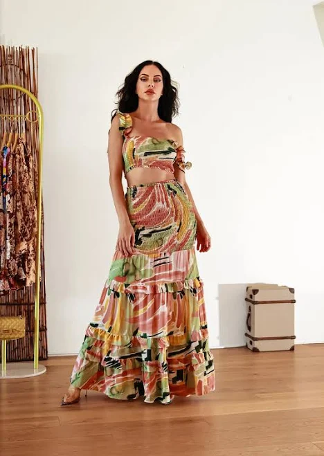 matching set Bali Dream Abstract Print Smocked Tiered Maxi Skirt Set Little Secret of Mine $74.97