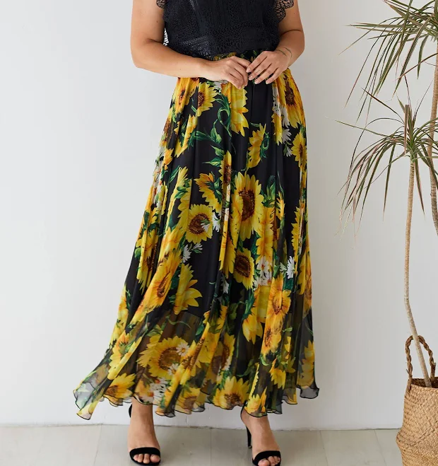 skirt Blooming Sunflower Watercolor Maxi Skirt Chicwish $39.9