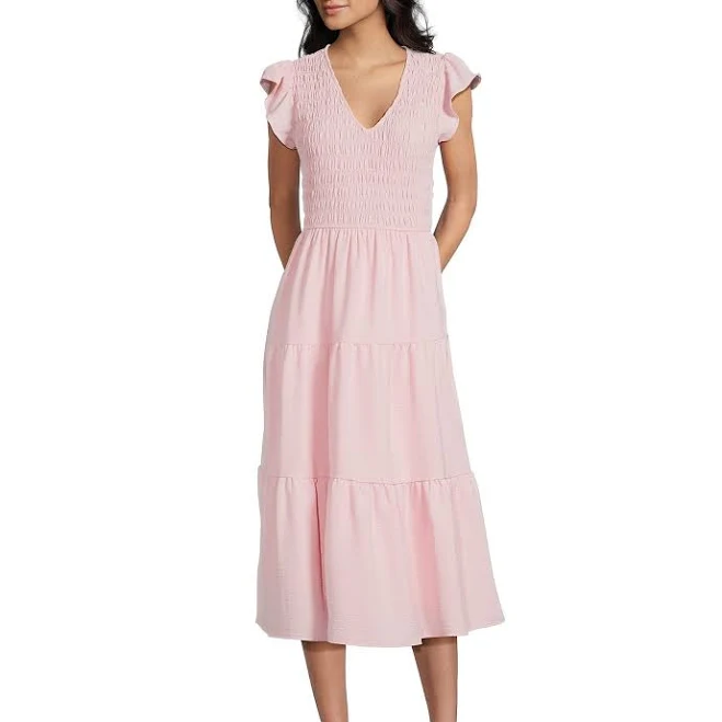 dress Blu Pepper Smocked V-Neck Flutter Tiered Maxi Dress Dillard's $49