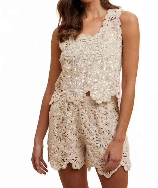 two piece set Bohemian Sol Crochet Tank Top and High-Waisted Shorts Set ShopSimon $38.35