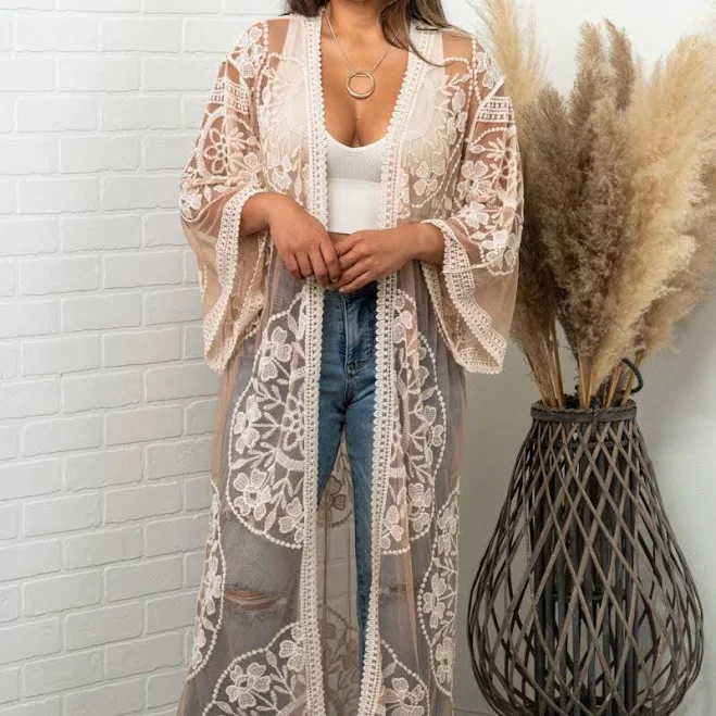 kimono Boho Lace Kimono Robe | Embroidered Mesh Duster Cardigan | Sheer Festival Cover Up | Beach Kimono | Bohemian Summer Layer | Nadia Etsy - Seller $39.2